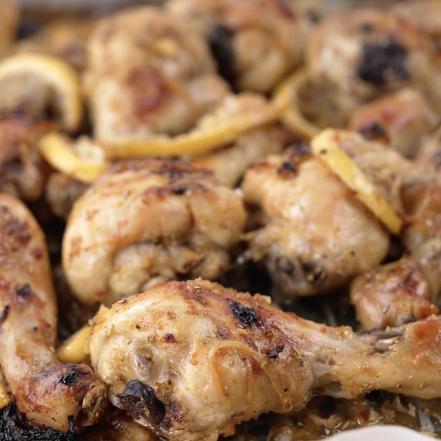 Freshly roasted lemon garlic chicken, ready to serve.