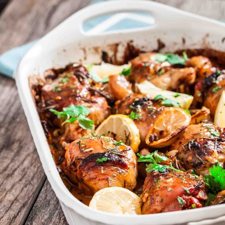 Lemon garlic chicken in a casserole.