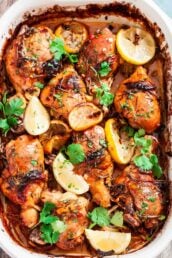 Overhead shot of lemon garlic chicken in a casserole.