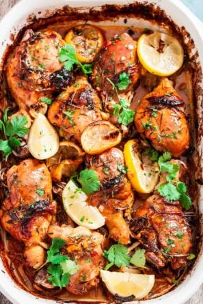 Overhead shot of lemon garlic chicken in a casserole.