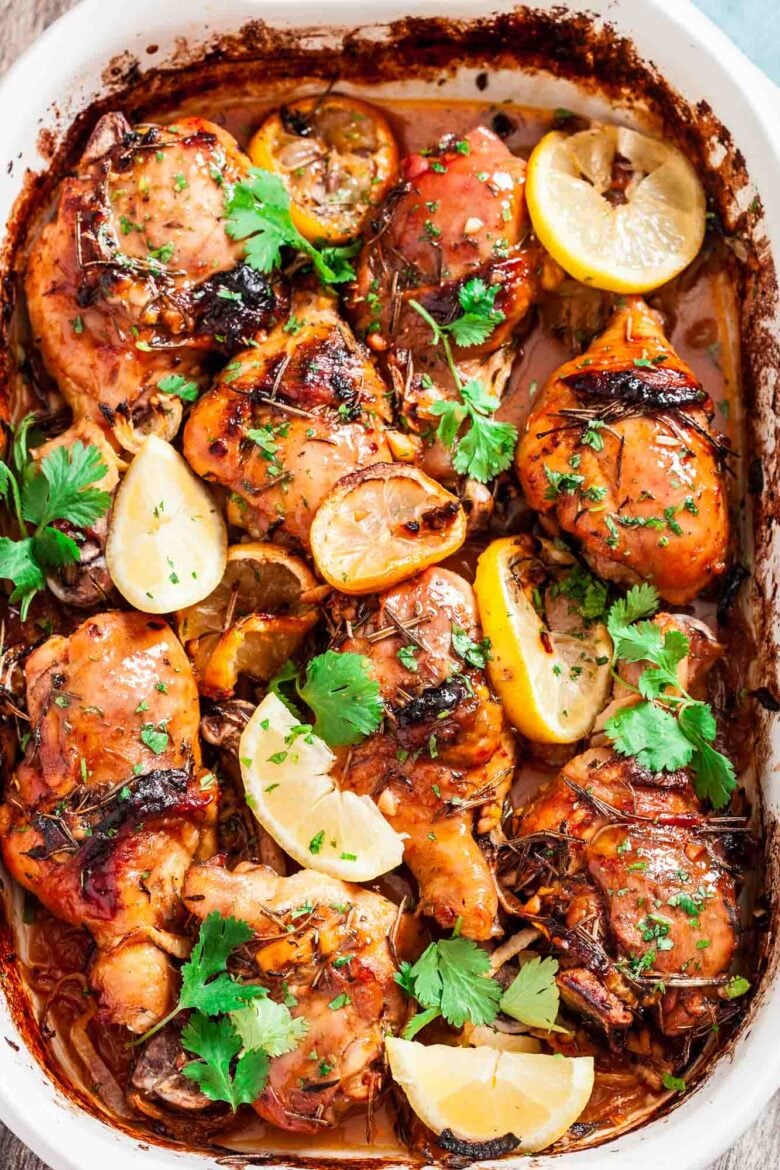 Overhead shot of lemon garlic chicken in a casserole.