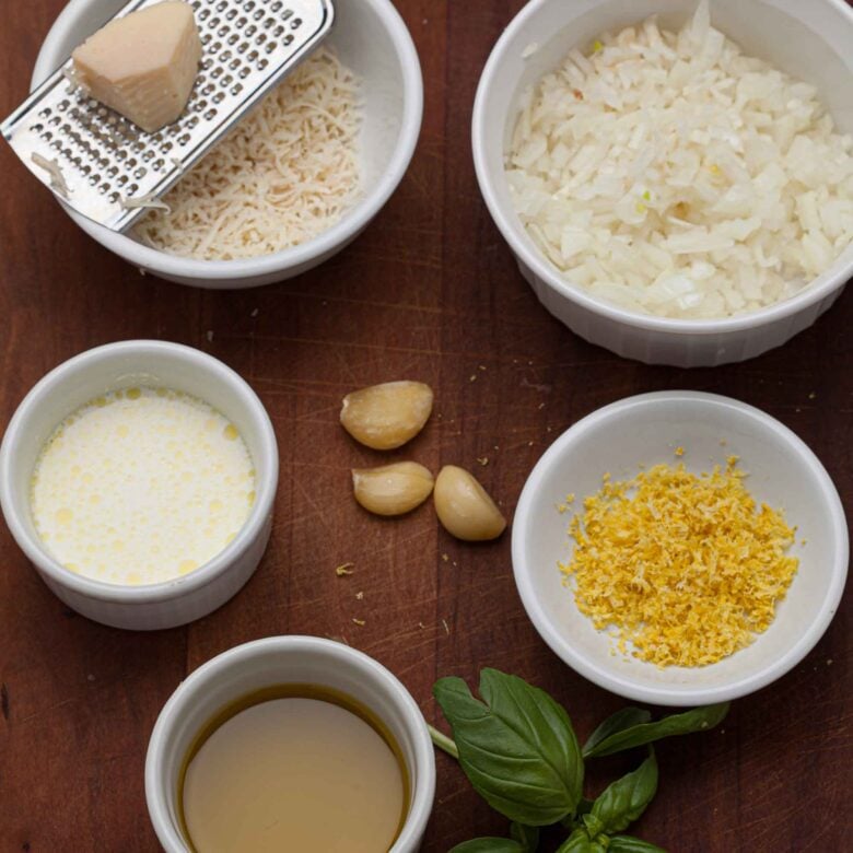 Overhead shot of ingredients to make spaghetti al limone at home.