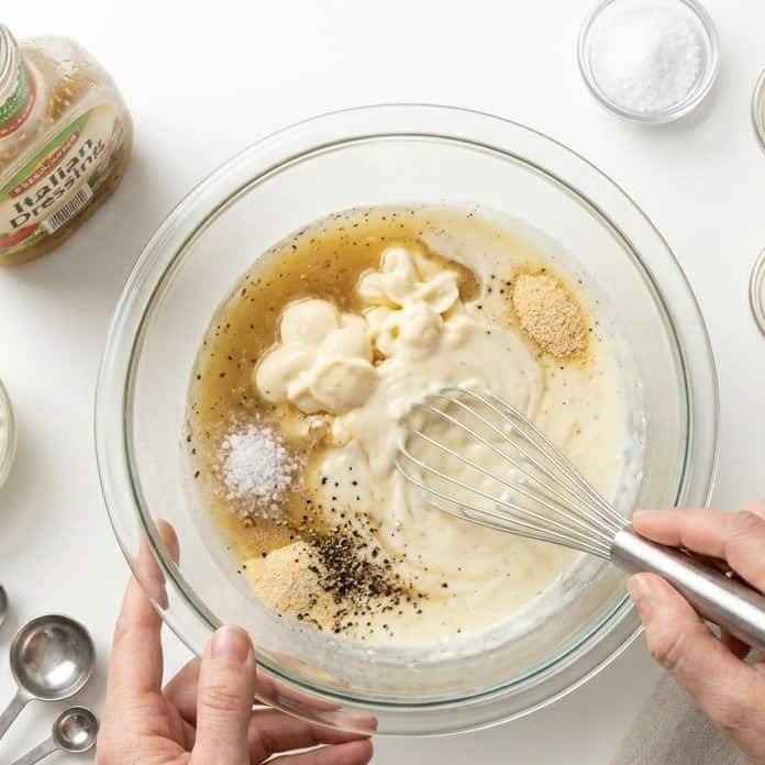 Dressing to make easy summer pasta salad being whisked ina. bowl.
