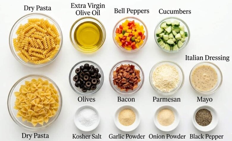 Overhead shot of ingredients to make easy summer pasta salad at home.