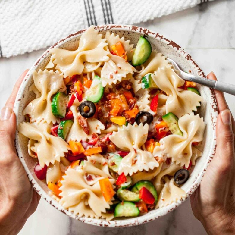 Homemade summer pasta salad, ready to serve.