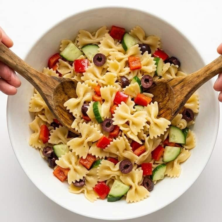 Easy summer pasta salad being tossed together.