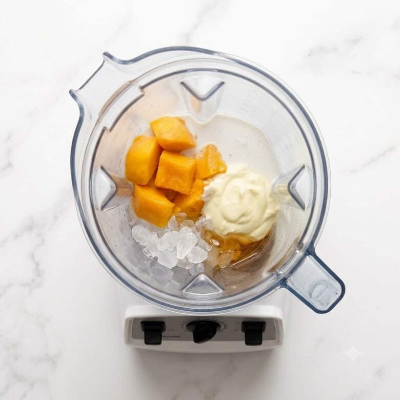 Blender filled with all the ingredients needed to make the tropical mango smoothie.