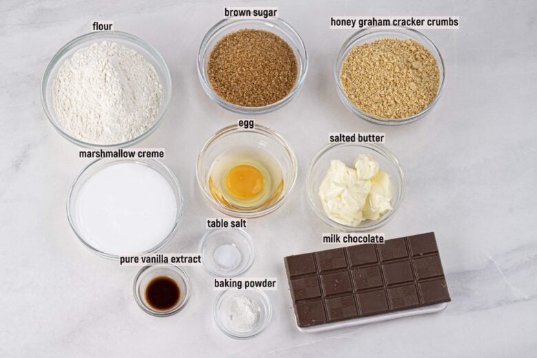 Overhead shot of ingredients to make smores bars recipe at home.