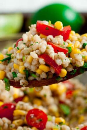 Close up spoonful of Barley Salad with fresh tomatoes and corn kernels.