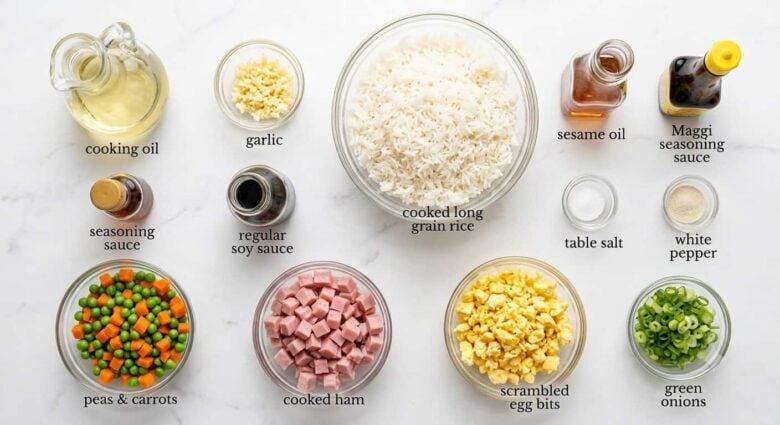 Ingredients needed to make Chinese Fried Rice. 