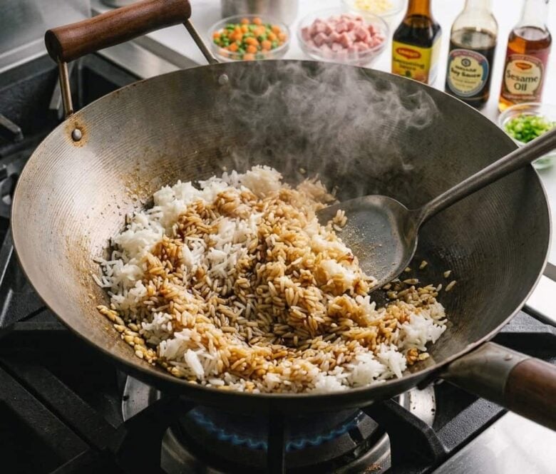 Adding the seasonings and the rice to the wok.