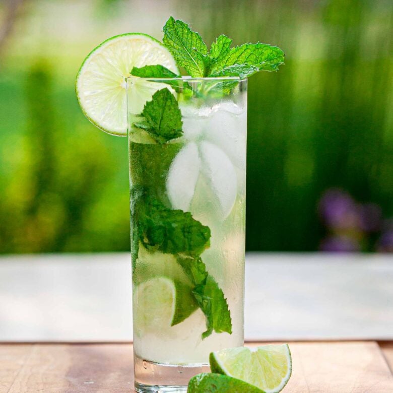 Tall clear highball glass full of the best mojito recipe, garnished with mint and a slice of lime. 