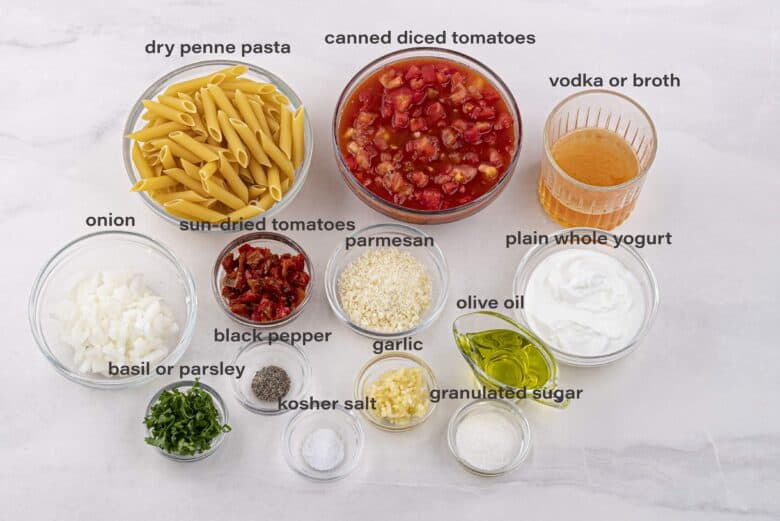 Labeled ingredients to use in this Sun Dried Tomato Pasta Recipe.