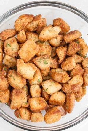 homemade croutons that are super crispy in a bowl.