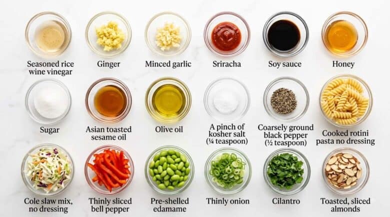 Labeled ingredients to make Asian Pasta Salad.