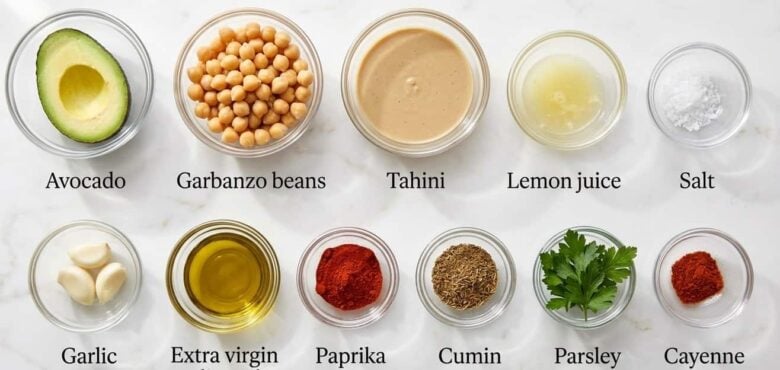 Labeled ingredients needed to make avocado hummus.