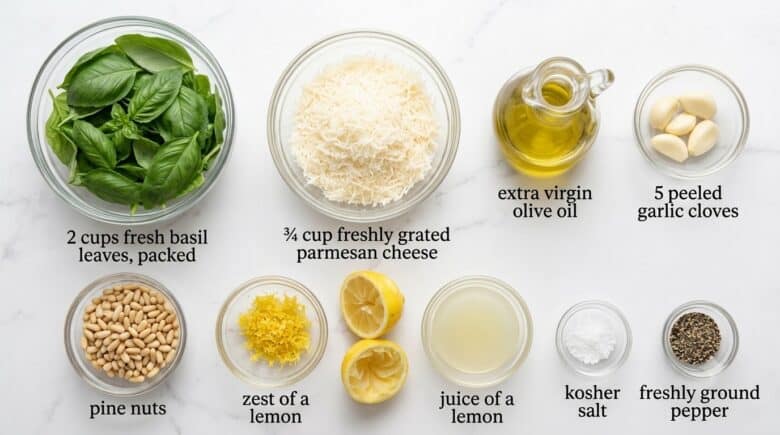 Labeled ingredients needed to make Basil Pesto.