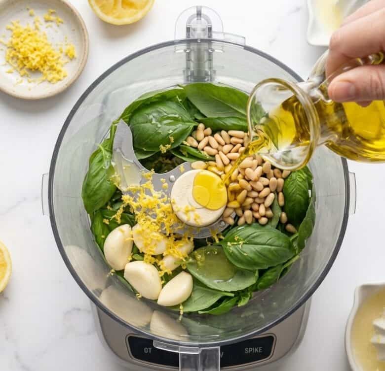 Hand pouring in the olive oil into the food processor with the rest of the pesto ingredients.