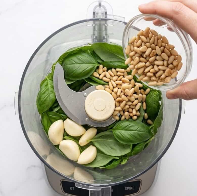 Hand pouring in the nuts and ingredients into a food processor to make the basil pesto.