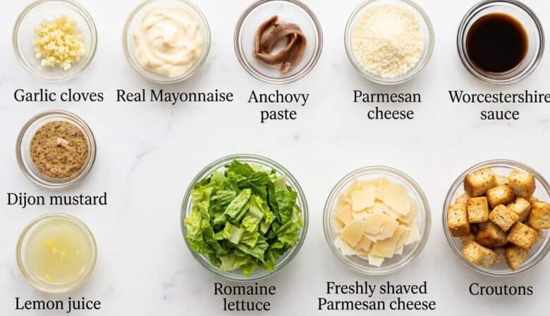 Labeled ingredients needed to make Caesar salad.