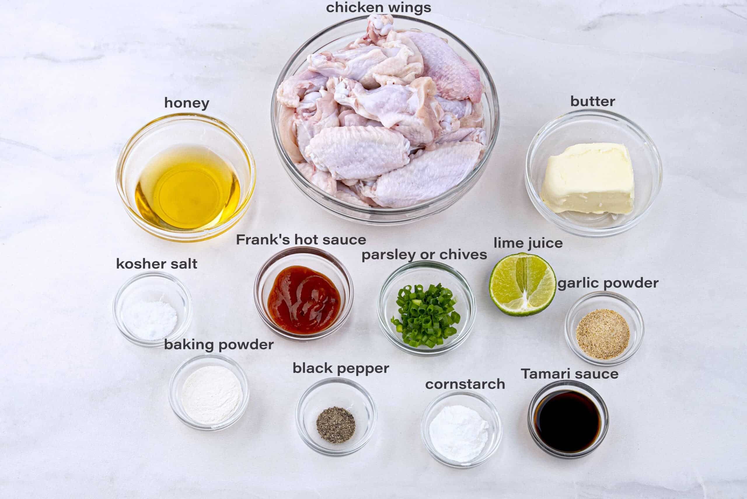 Labeled ingredients needed to make buffalo chicken wings.