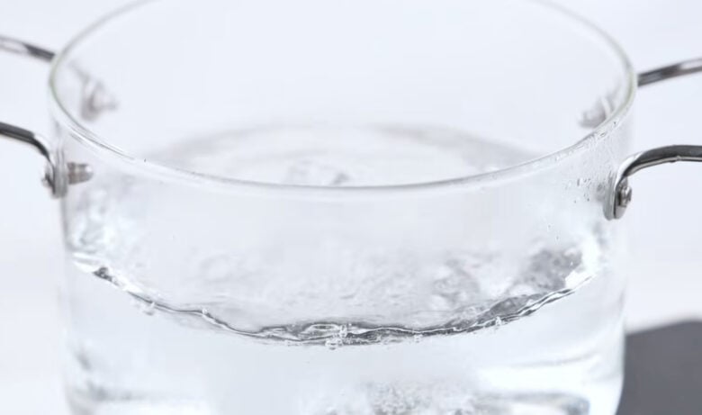 Boiling water in a clear pot on the stove.