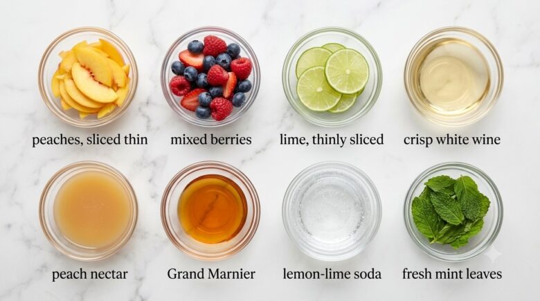 white sangria ingredients in bowls and labeled.
