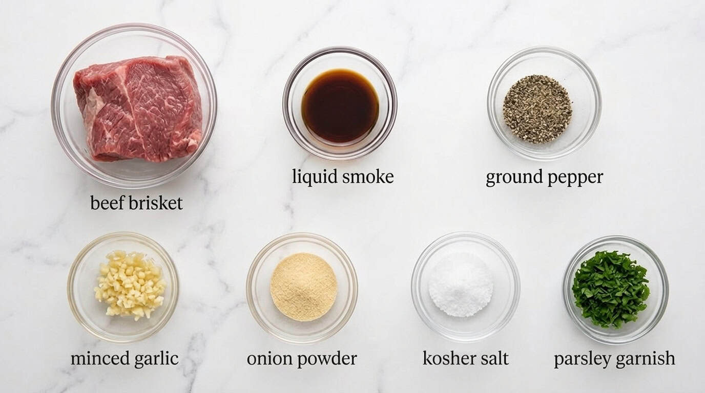 Labeled ingredients needed to make crockpot brisket.
