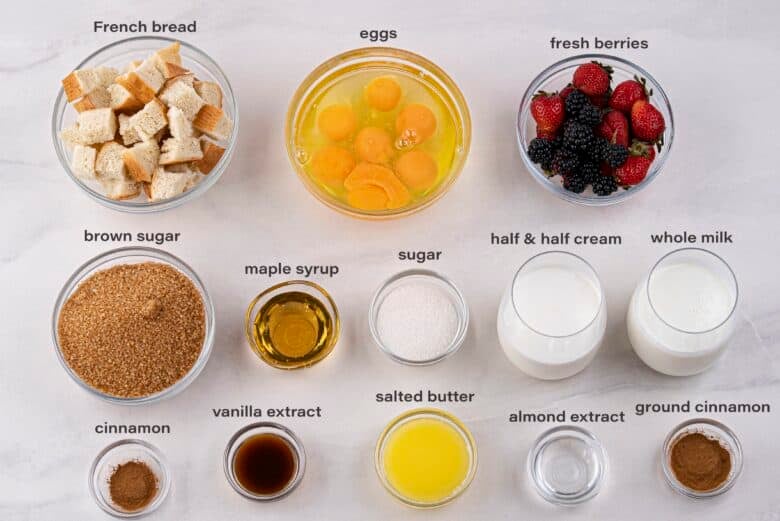 Labeled ingredients to make the easiest french toast casserole.