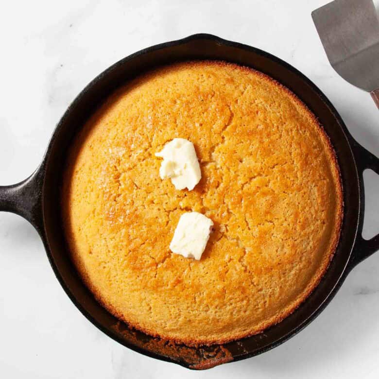 honey cornbread in the cast iron skillet just baked.