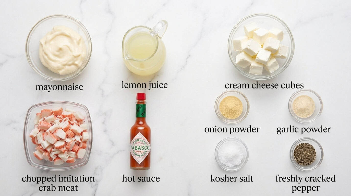 Labeled ingredients for the imitation crab dip.
