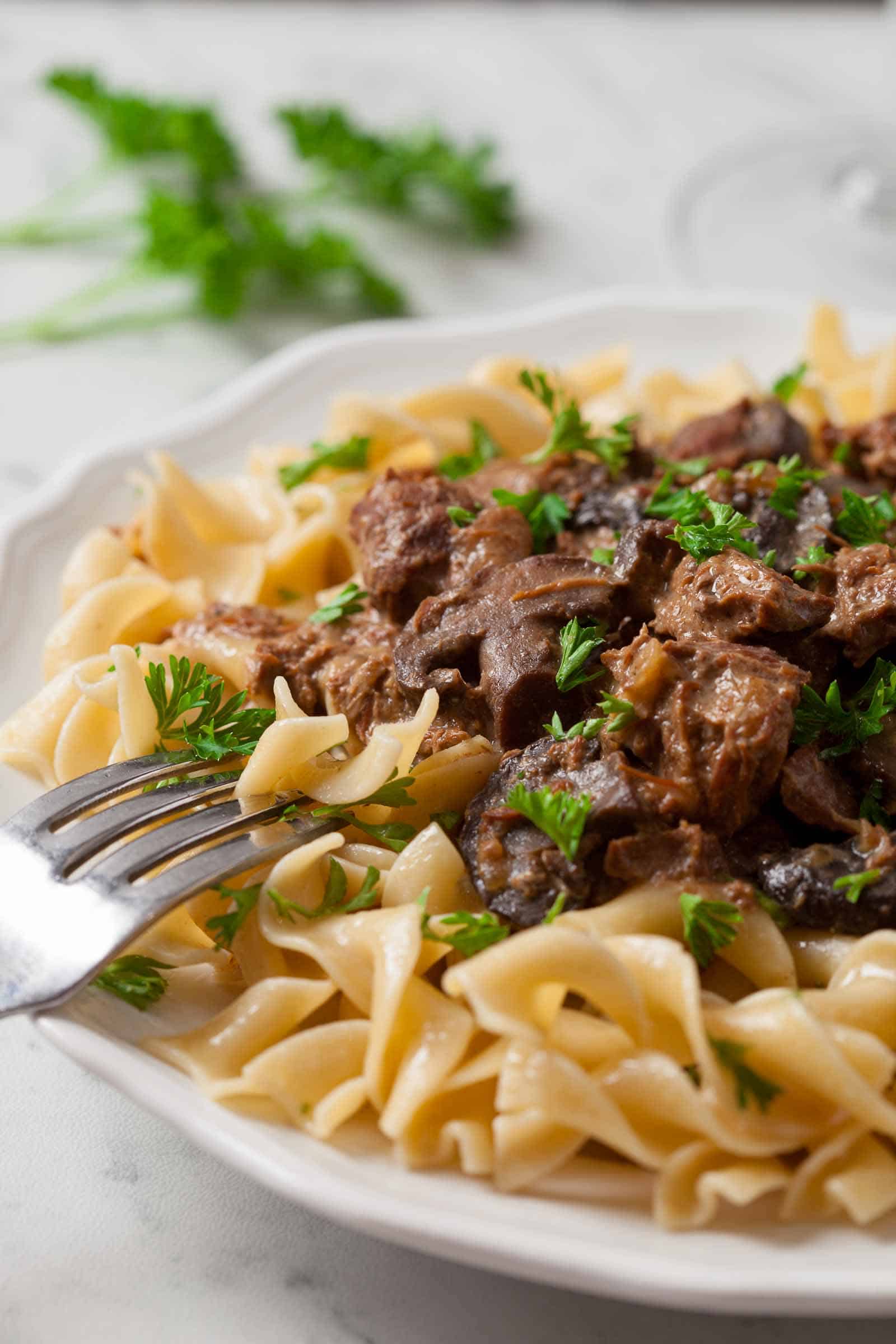 Overhead view of a plate full of Crockpot Beef Stroganoff.