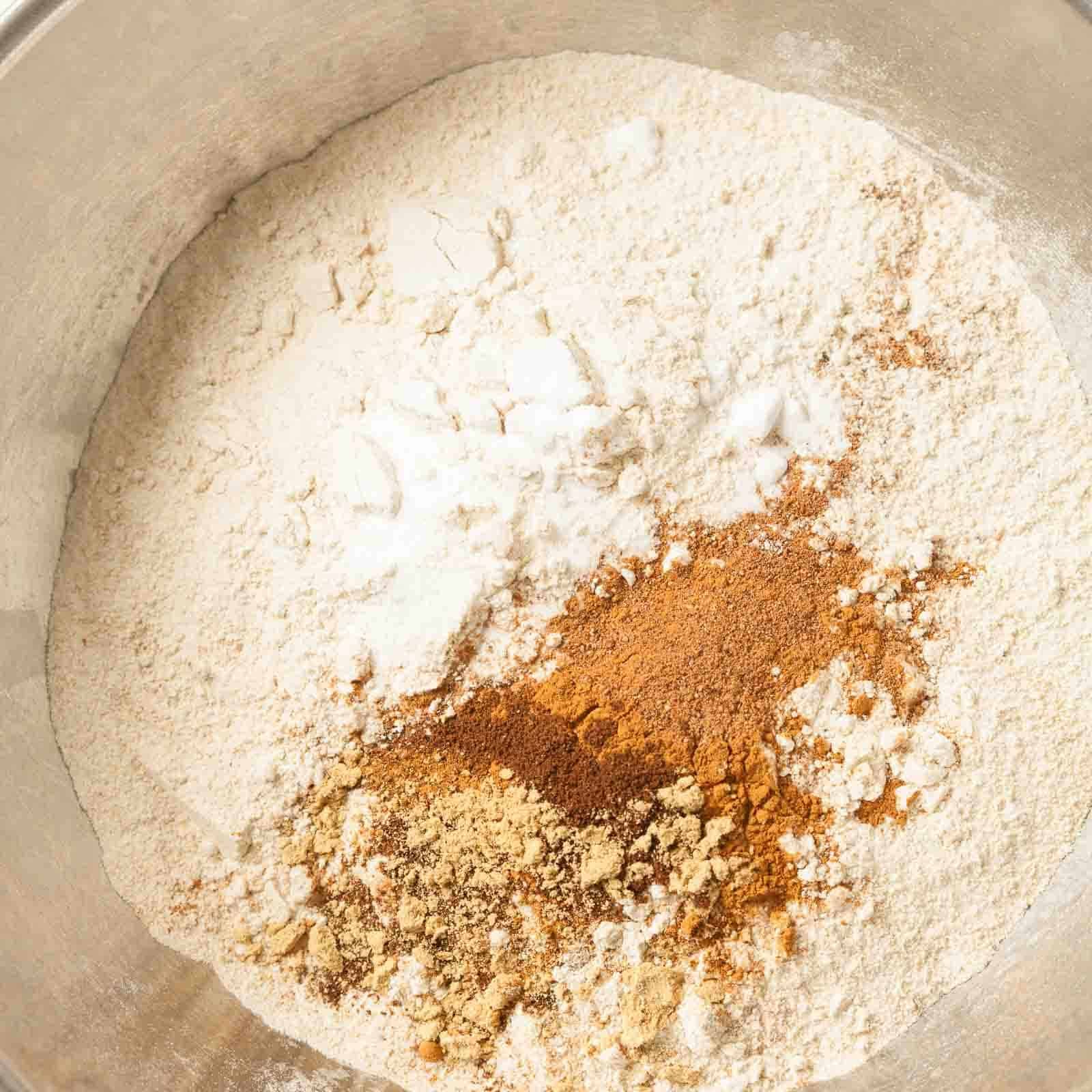 Mixing the dry ingredients together for the easy pear cake.