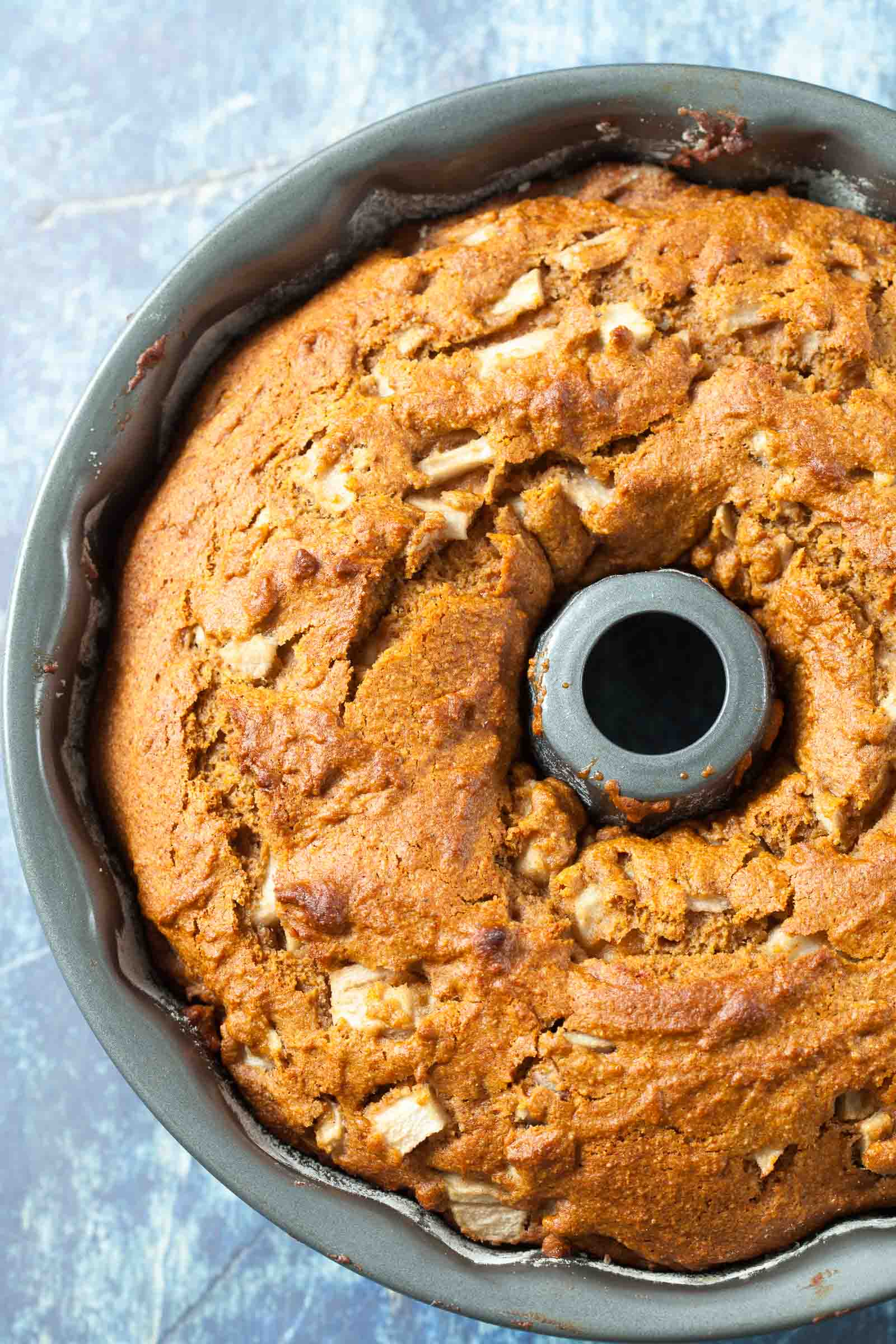 Baked pear cake in a bundt pan.